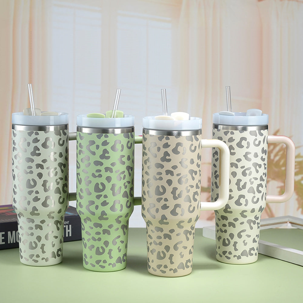 40oz Insulated Mug with Handle and Straw Colorful Leopard Pattern Stainless Steel Travel Cup Gift for Family Friends Couples-Blongser