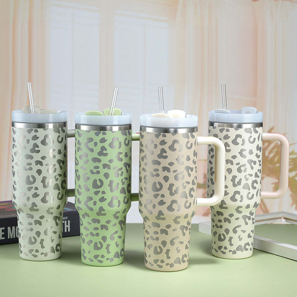 40oz Insulated Mug with Handle and Straw Colorful Leopard Pattern Stainless Steel Travel Cup Gift for Family Friends Couples-Blongser