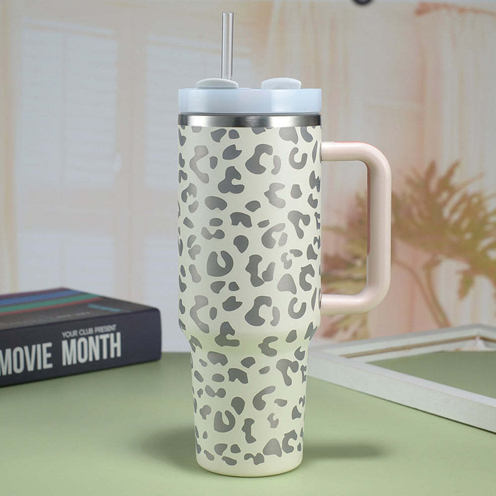 40oz Insulated Mug with Handle and Straw Colorful Leopard Pattern Stainless Steel Travel Cup Gift for Family Friends Couples-Blongser