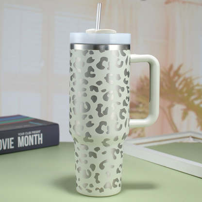 40oz Insulated Mug with Handle and Straw Colorful Leopard Pattern Stainless Steel Travel Cup Gift for Family Friends Couples-Blongser