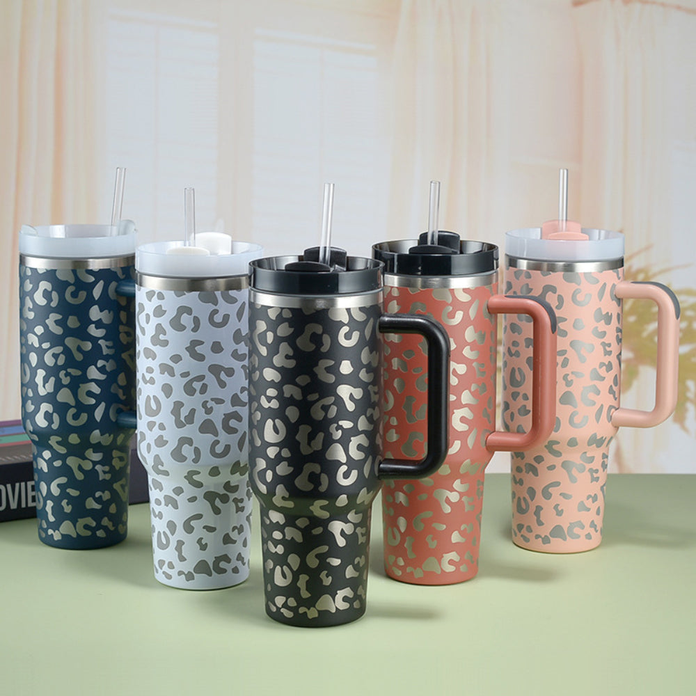 40oz Insulated Mug with Handle and Straw Colorful Leopard Pattern Stainless Steel Travel Cup Gift for Family Friends Couples-Blongser