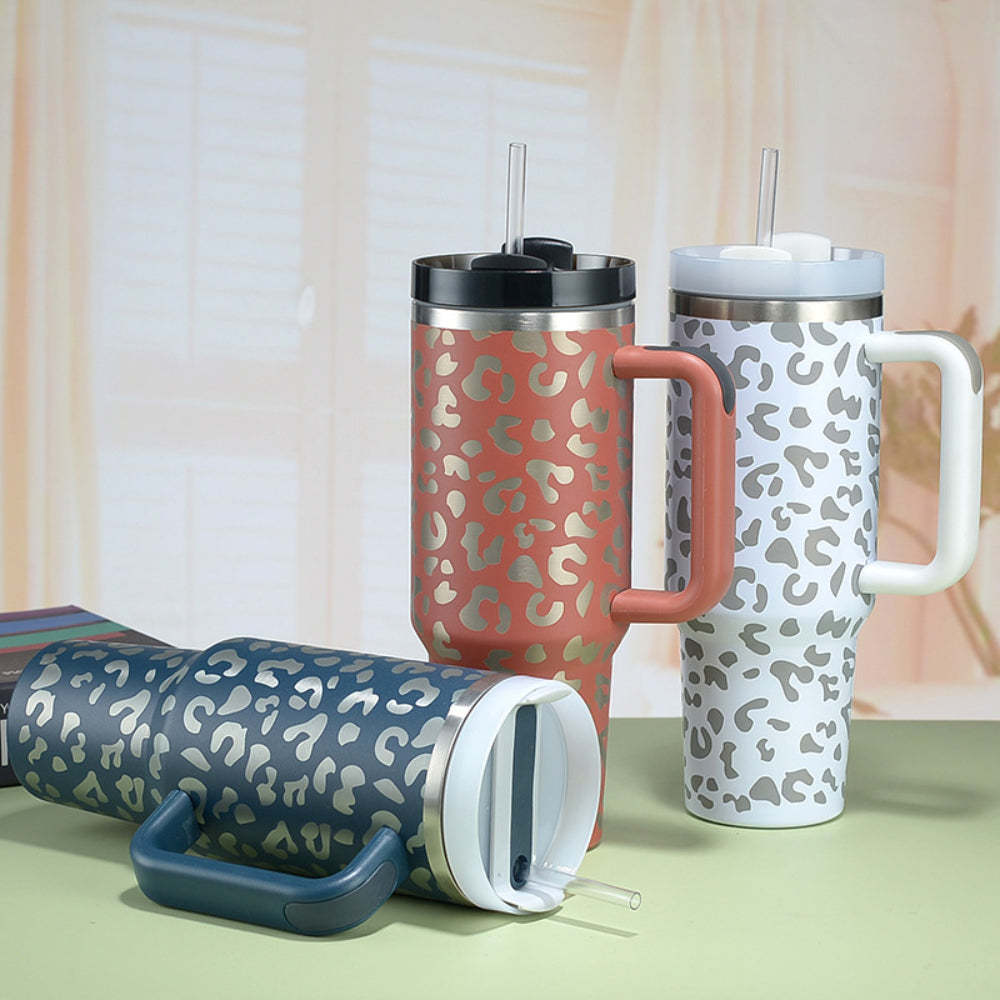 40oz Insulated Mug with Handle and Straw Colorful Leopard Pattern Stainless Steel Travel Cup Gift for Family Friends Couples-Blongser