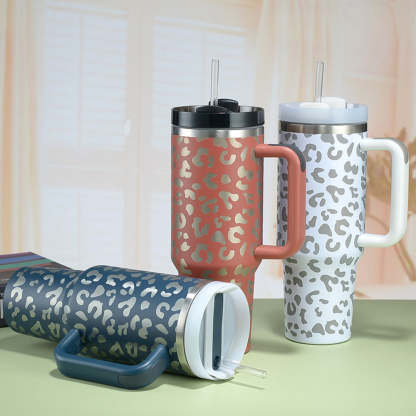40oz Insulated Mug with Handle and Straw Colorful Leopard Pattern Stainless Steel Travel Cup Gift for Family Friends Couples-Blongser