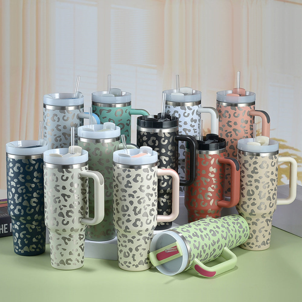 40oz Insulated Mug with Handle and Straw Colorful Leopard Pattern Stainless Steel Travel Cup Gift for Family Friends Couples-Blongser