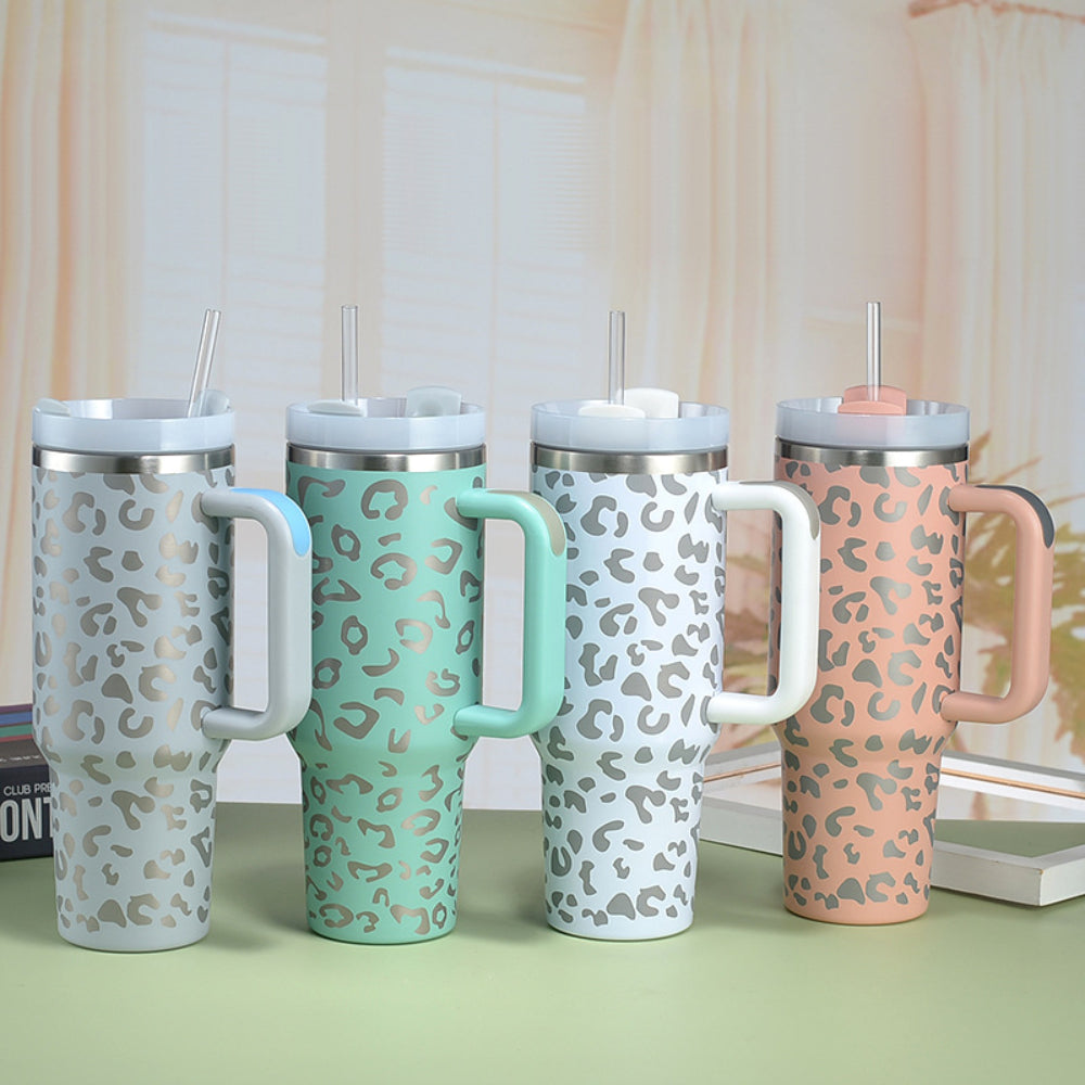 40oz Insulated Mug with Handle and Straw Colorful Leopard Pattern Stainless Steel Travel Cup Gift for Family Friends Couples-Blongser
