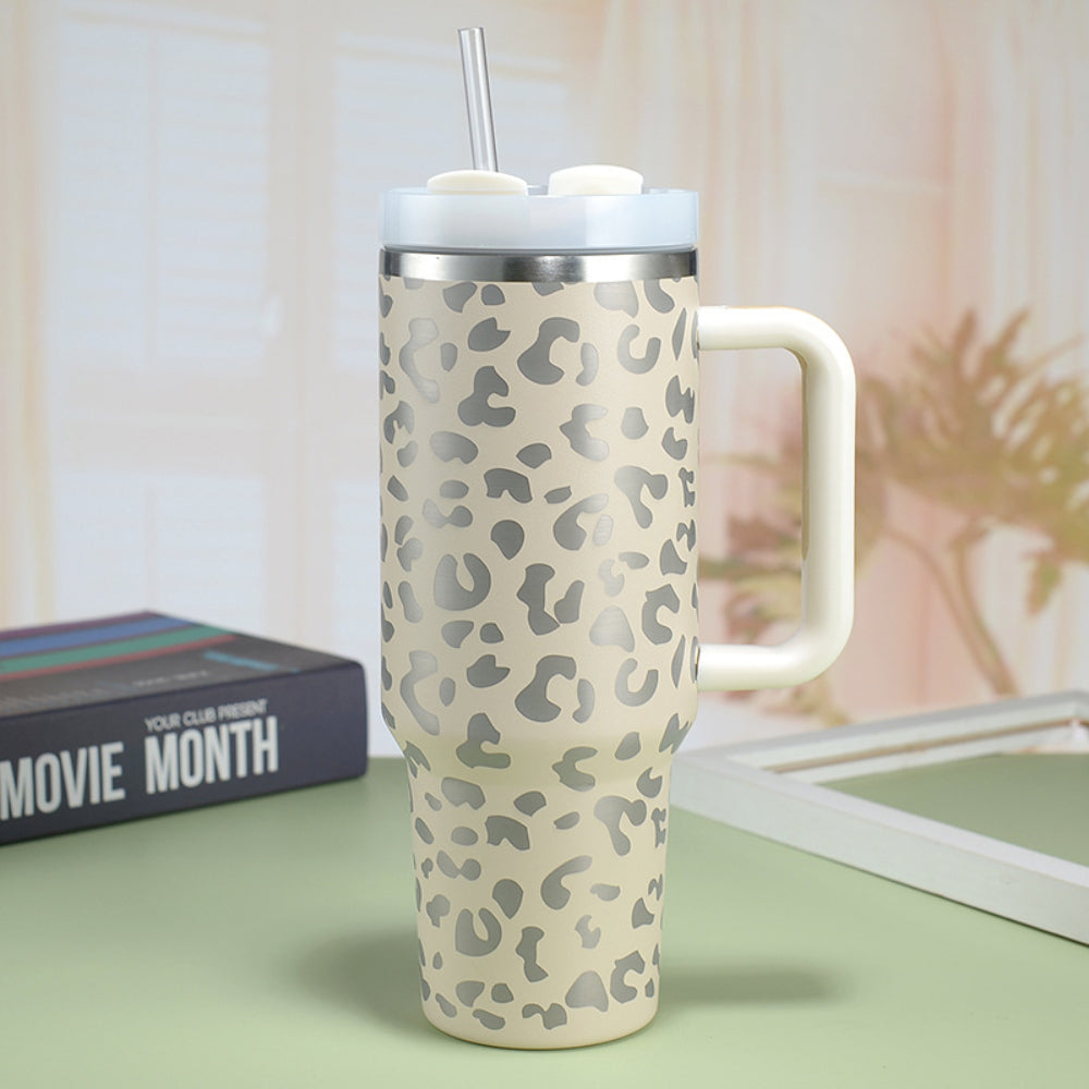 40oz Insulated Mug with Handle and Straw Colorful Leopard Pattern Stainless Steel Travel Cup Gift for Family Friends Couples-Blongser