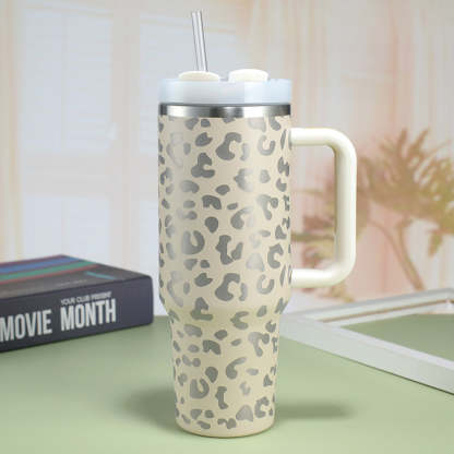 40oz Insulated Mug with Handle and Straw Colorful Leopard Pattern Stainless Steel Travel Cup Gift for Family Friends Couples-Blongser