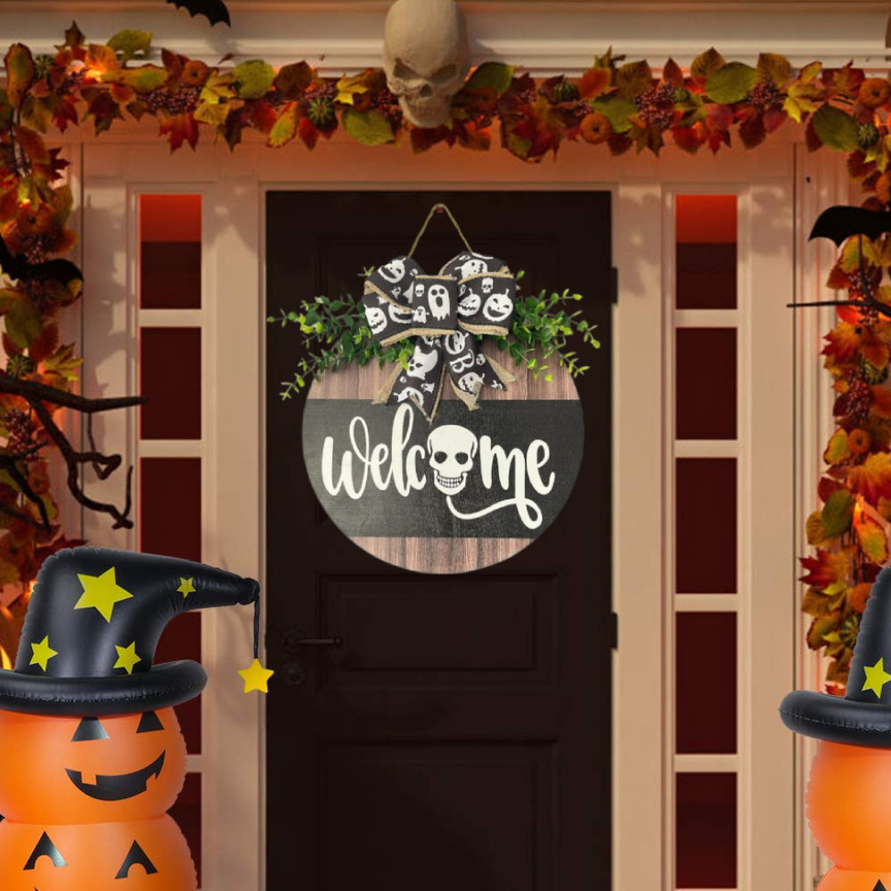 Halloween Welcome Sign for Front Door Wood Farmhouse Wreath Porch Decor Hanging Decoration Gifts-Blongser