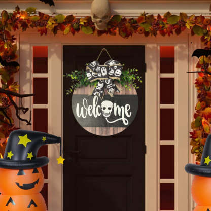 Halloween Welcome Sign for Front Door Wood Farmhouse Wreath Porch Decor Hanging Decoration Gifts-Blongser