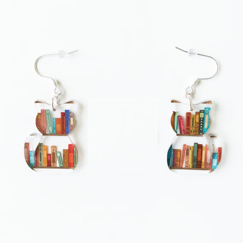 Cat Dog Book Earrings Funny Acrylic Bookshelf Earring Jewelry for Book Lover Gifts-Blongser