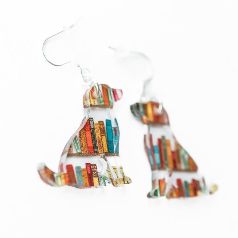Cat Dog Book Earrings Funny Acrylic Bookshelf Earring Jewelry for Book Lover Gifts-Blongser