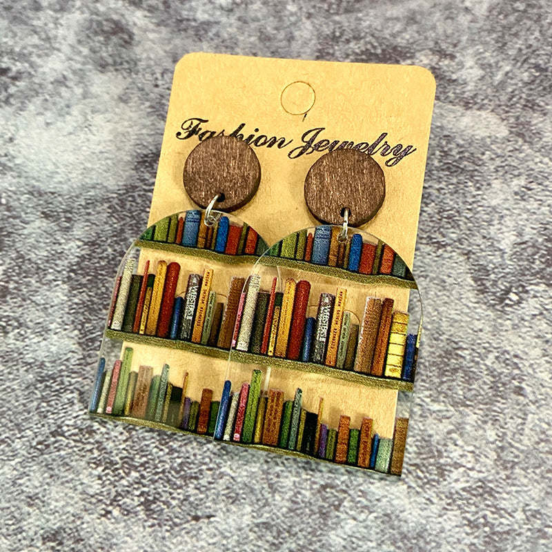 Cat Dog Book Earrings Funny Acrylic Bookshelf Earring Jewelry for Book Lover Gifts-Blongser