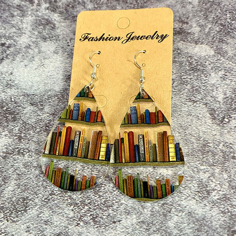 Cat Dog Book Earrings Funny Acrylic Bookshelf Earring Jewelry for Book Lover Gifts-Blongser