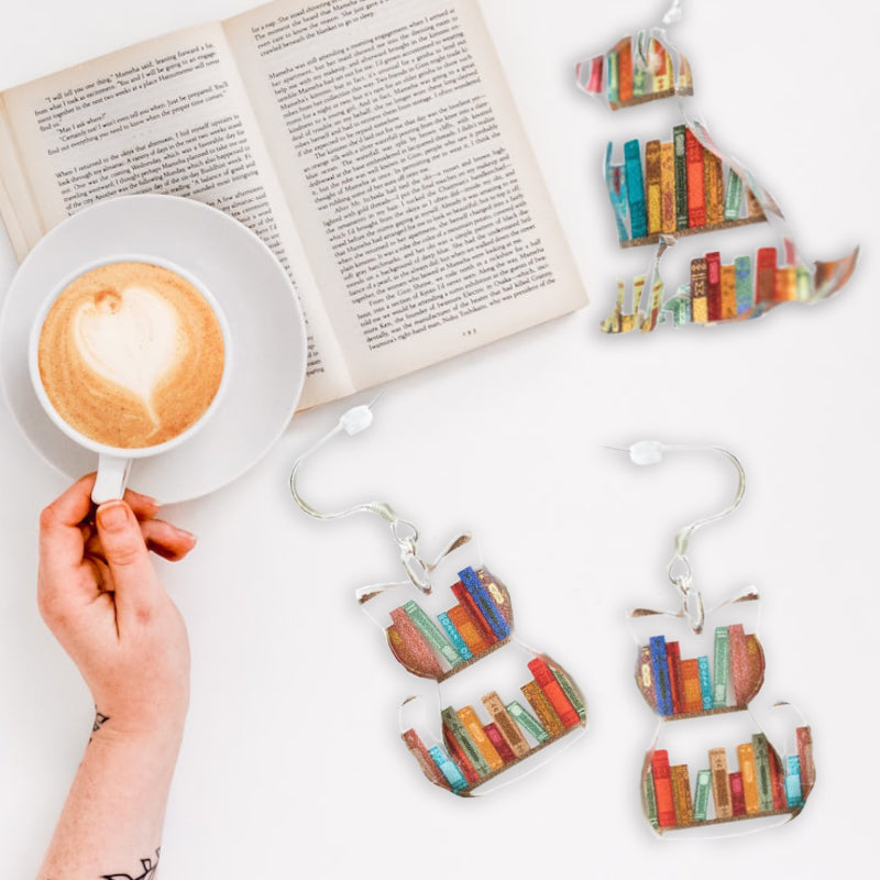 Cat Dog Book Earrings Funny Acrylic Bookshelf Earring Jewelry for Book Lover Gifts-Blongser
