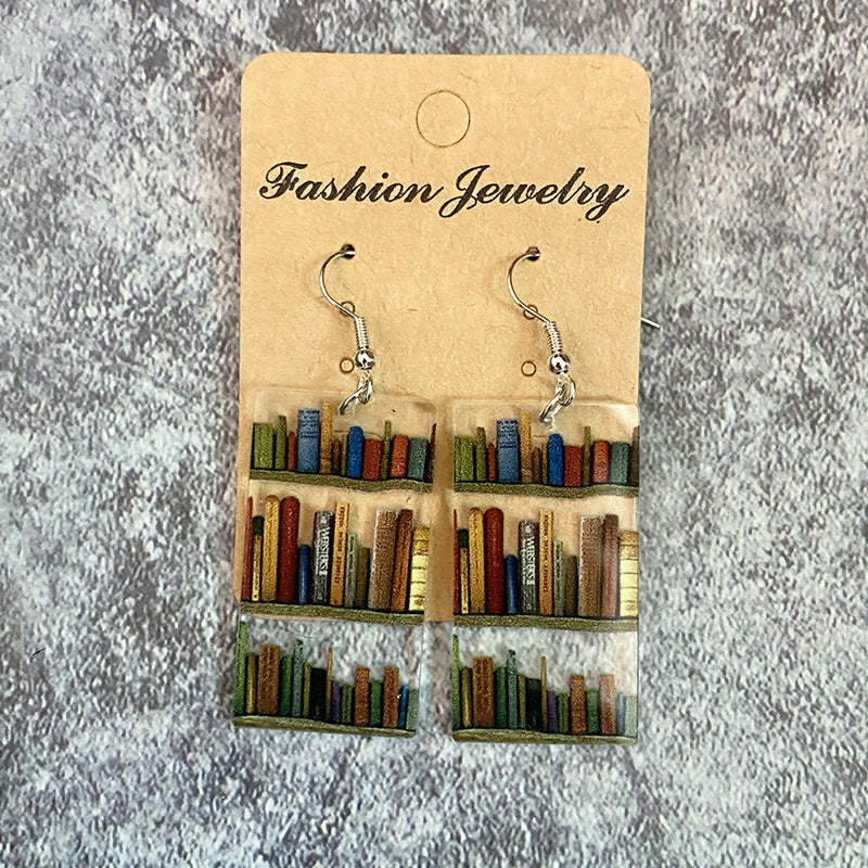 Cat Dog Book Earrings Funny Acrylic Bookshelf Earring Jewelry for Book Lover Gifts-Blongser