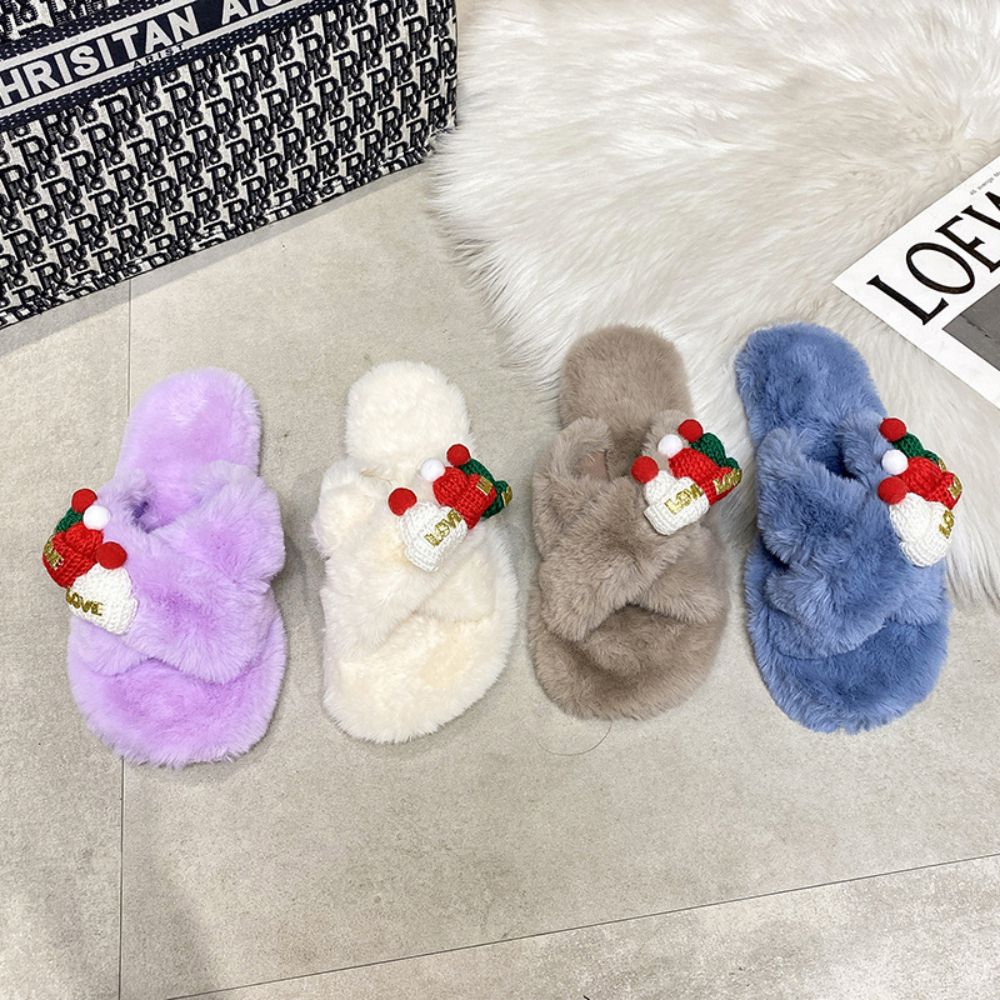 Christmas Slippers Christmas Hat Decor Criss Cross Fluffy Bedroom Slippers-Blongser