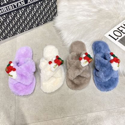 Christmas Slippers Christmas Hat Decor Criss Cross Fluffy Bedroom Slippers-Blongser