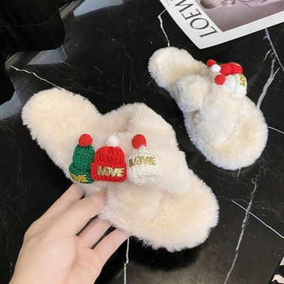 Christmas Slippers Christmas Hat Decor Criss Cross Fluffy Bedroom Slippers-Blongser