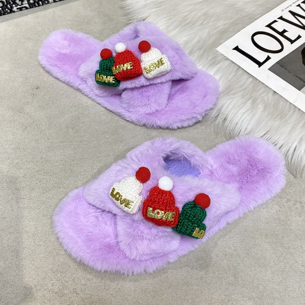 Christmas Slippers Christmas Hat Decor Criss Cross Fluffy Bedroom Slippers-Blongser