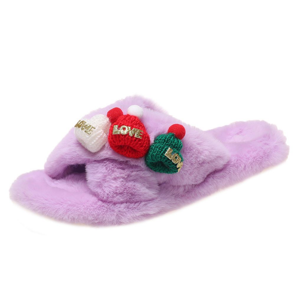 Christmas Slippers Christmas Hat Decor Criss Cross Fluffy Bedroom Slippers-Blongser