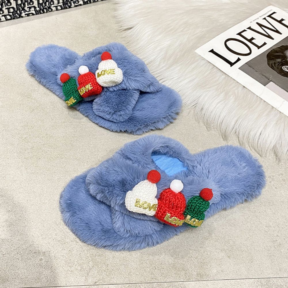 Christmas Slippers Christmas Hat Decor Criss Cross Fluffy Bedroom Slippers-Blongser