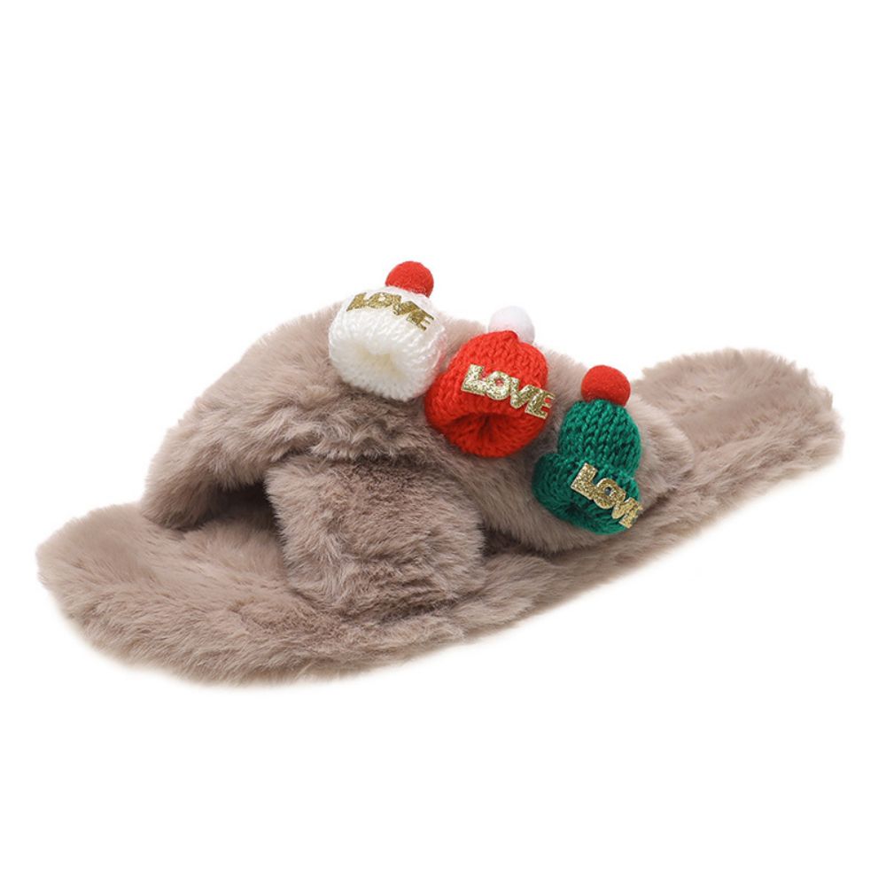 Christmas Slippers Christmas Hat Decor Criss Cross Fluffy Bedroom Slippers-Blongser