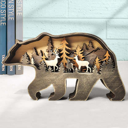 Custom Animal Wooden Statue Home Ornament Multi layer Woodland Bear Silhouette Decor for Shelf Table Wood Statue-Blongser