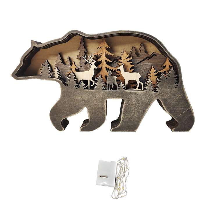Custom Animal Wooden Statue Home Ornament Multi layer Woodland Bear Silhouette Decor for Shelf Table Wood Statue-Blongser