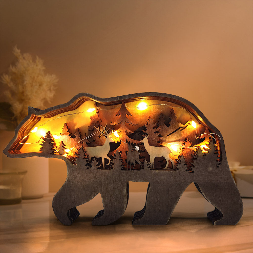 Custom Animal Wooden Statue Home Ornament Multi layer Woodland Bear Silhouette Decor for Shelf Table Wood Statue-Blongser