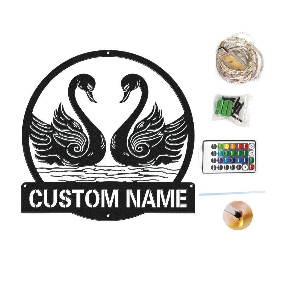 Custom Swan Signs Metal Wall Art Personalized Couple LED Lights Decor Gift for Lover-Blongser