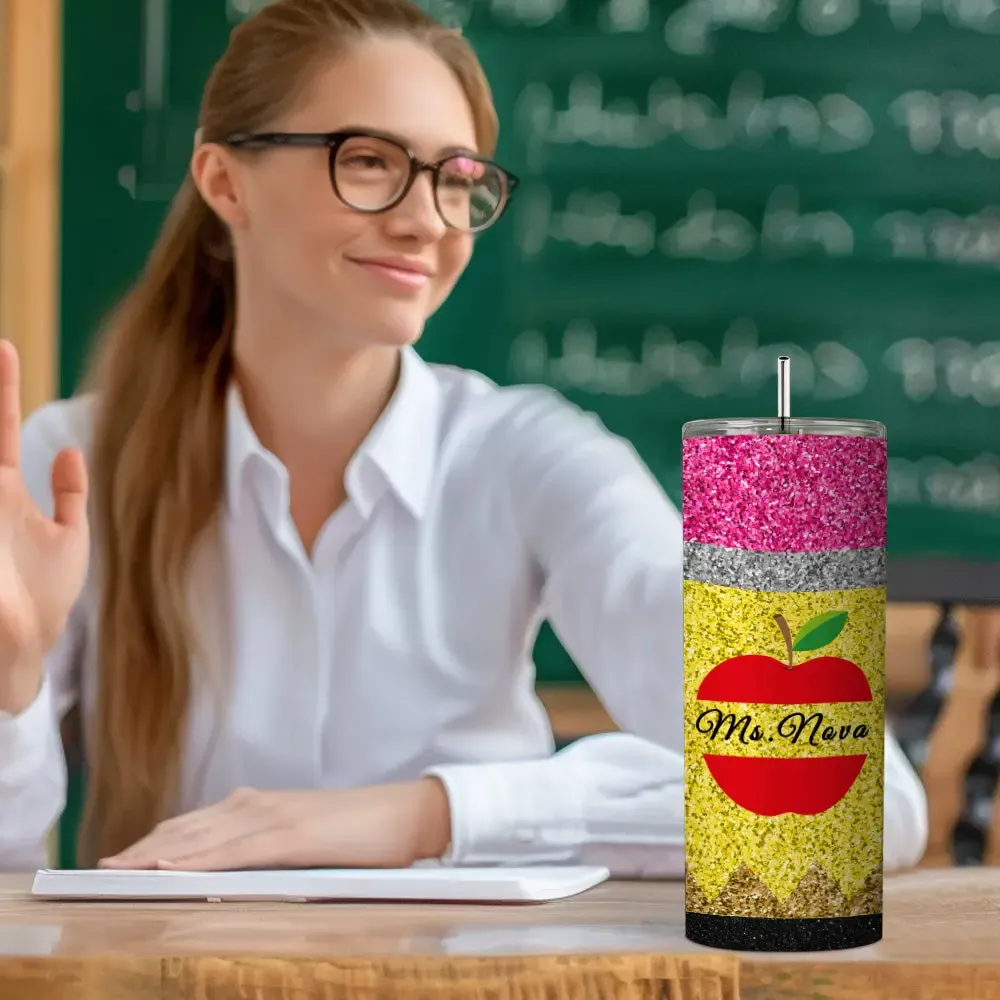 Personalized Glitter Apple 20oz Skinny Tumbler with Straw Back to School Appreciation Gift for Teacher-Blongser