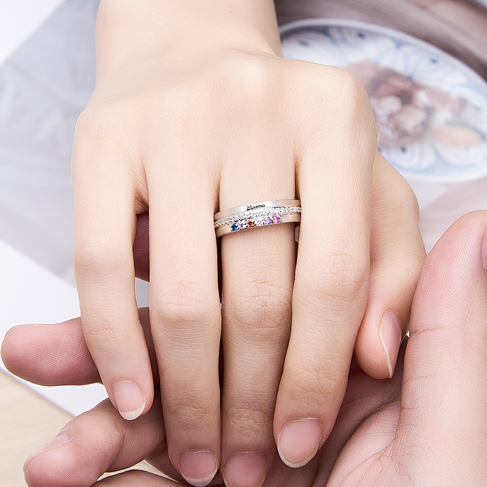 Personalized Birthstones Ring with Engraved Text Family Ring Jewelry Birthday Gift for Mom Grandma-Blongser
