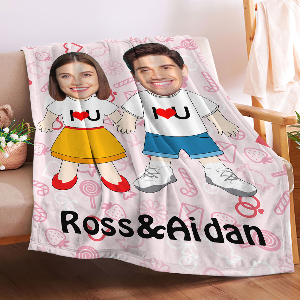 I LOVE U Custom Names Blanket Personalized Face Couple Blanket-Blongser