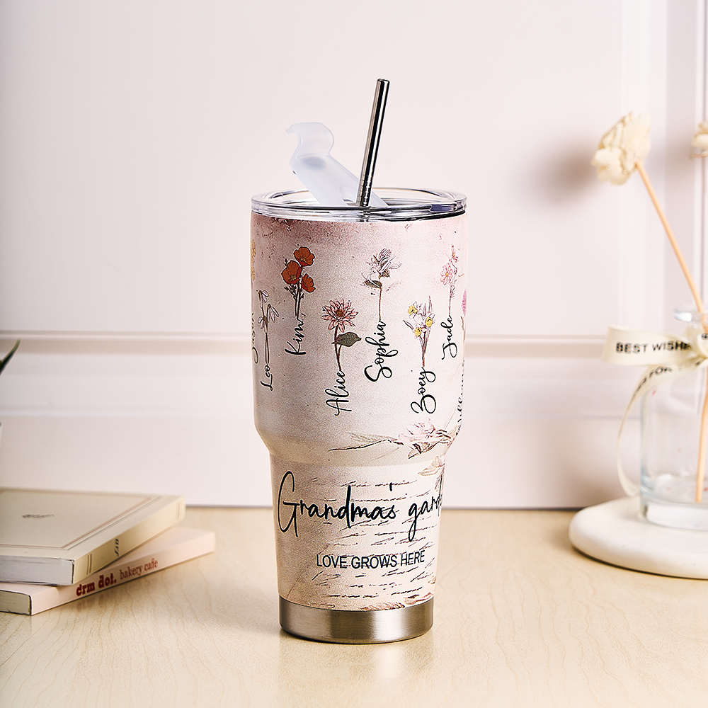 Custom 30oz Insulated Tumbler with Watercolor Birth Flower Name Text – Perfect Birthday Gift for Mom or Grandma-Blongser
