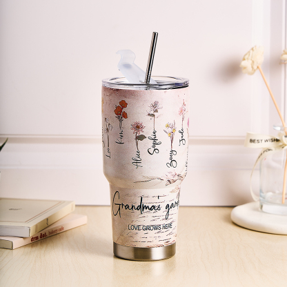 Custom 30oz Insulated Tumbler with Watercolor Birth Flower Name Text – Perfect Birthday Gift for Mom or Grandma-Blongser