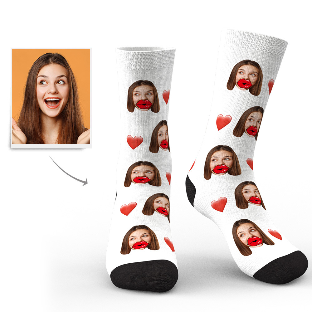 Custom Face Socks Personalized Unisex Socks with Heart and Red Lips-Blongser