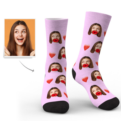 Custom Face Socks Personalized Unisex Socks with Heart and Red Lips-Blongser