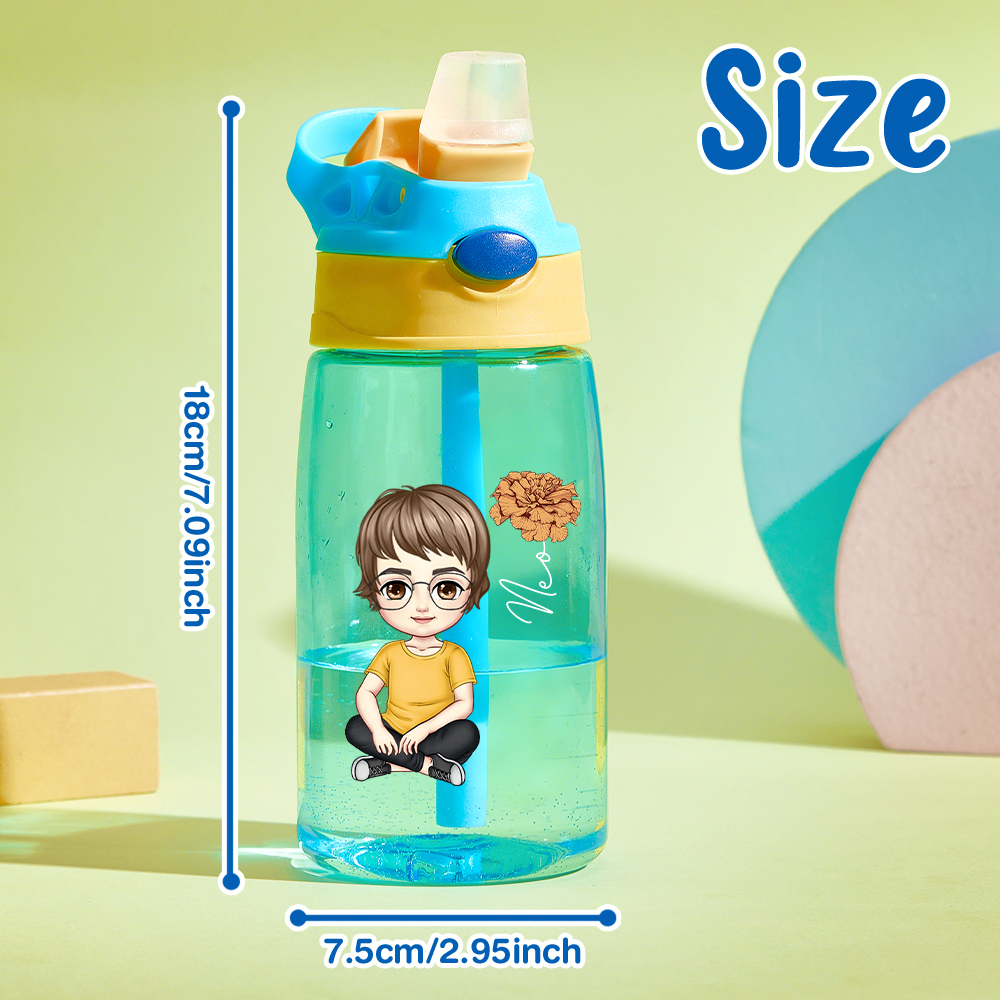 Personalized Cartoon Birth Flower Water Bottle with Straw 16oz Water Bottle Gift for Kids-Blongser