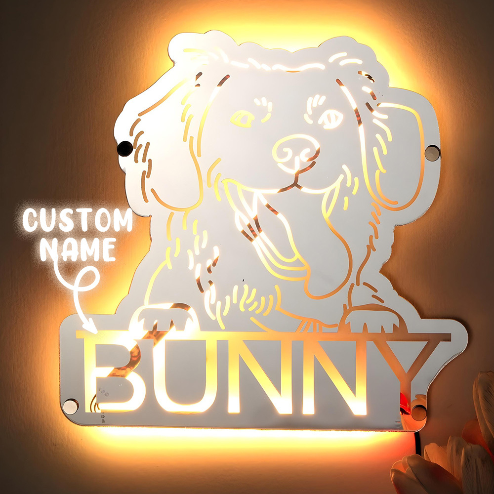 Personalized Pet Photo Name Mirror Light Custom Pet Portrait Mirror Lamp Gift for Pet Lovers-Blongser