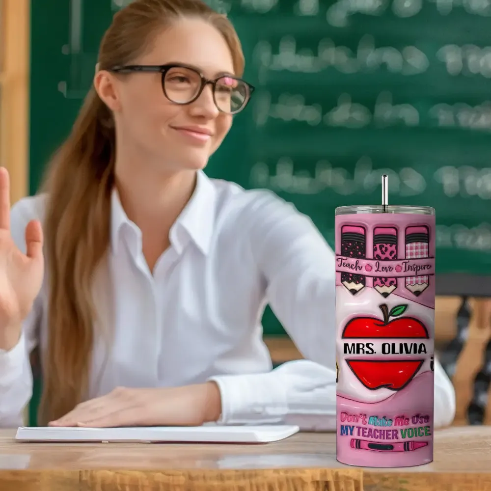 Personalized 3D Apple Pencil Design 20oz Skinny Tumbler Lid and Straw Back to School Gift for Teacher-Blongser