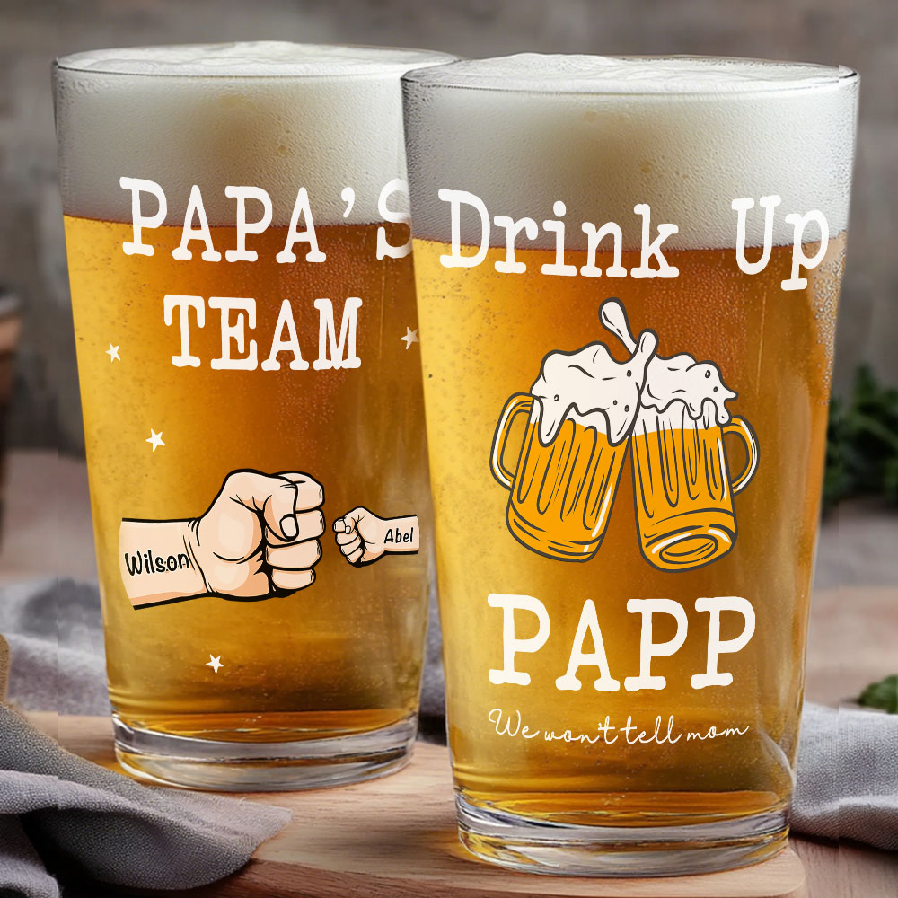 Personalized Beer Glass Drink Up Dad, We Won't Tell Mom Fist Beer Glass Gift for Dad Grandpa-Blongser