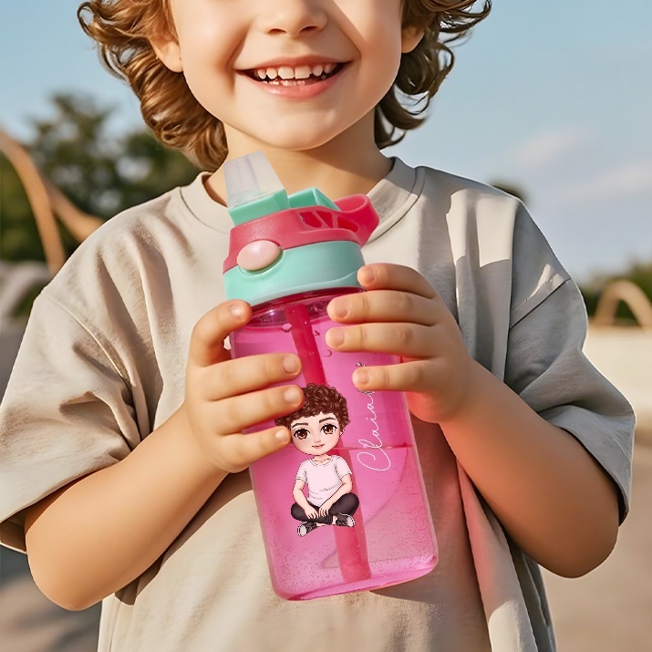 Personalized Cartoon Birth Flower Water Bottle with Straw 16oz Water Bottle Gift for Kids-Blongser