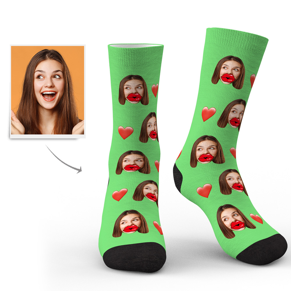 Custom Face Socks Personalized Unisex Socks with Heart and Red Lips-Blongser