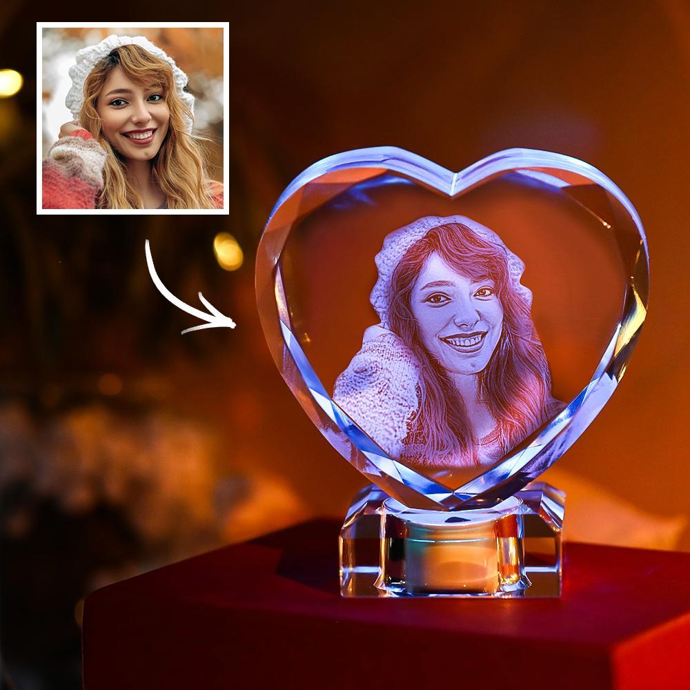 3D Laser Engraved Heart Crystal Photo Frame with Light Up LED Base-Blongser