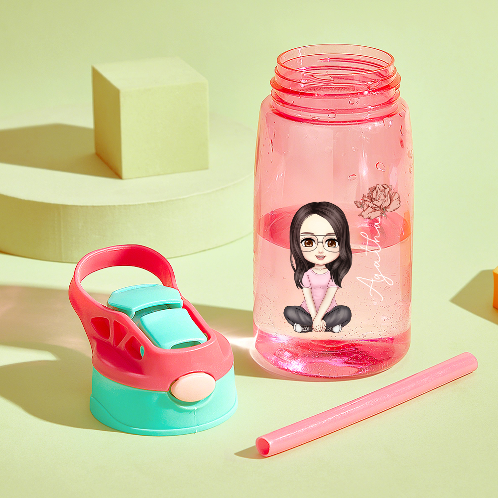 Personalized Cartoon Birth Flower Water Bottle with Straw 16oz Water Bottle Gift for Kids-Blongser