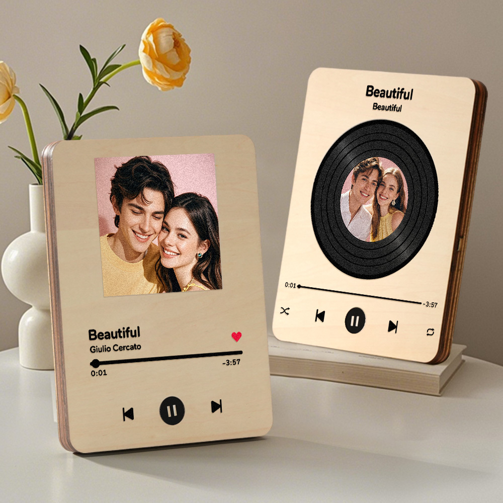 Personalized Photo Wooden Music Record Player Wedding Anniversary Gift for Couples-Blongser