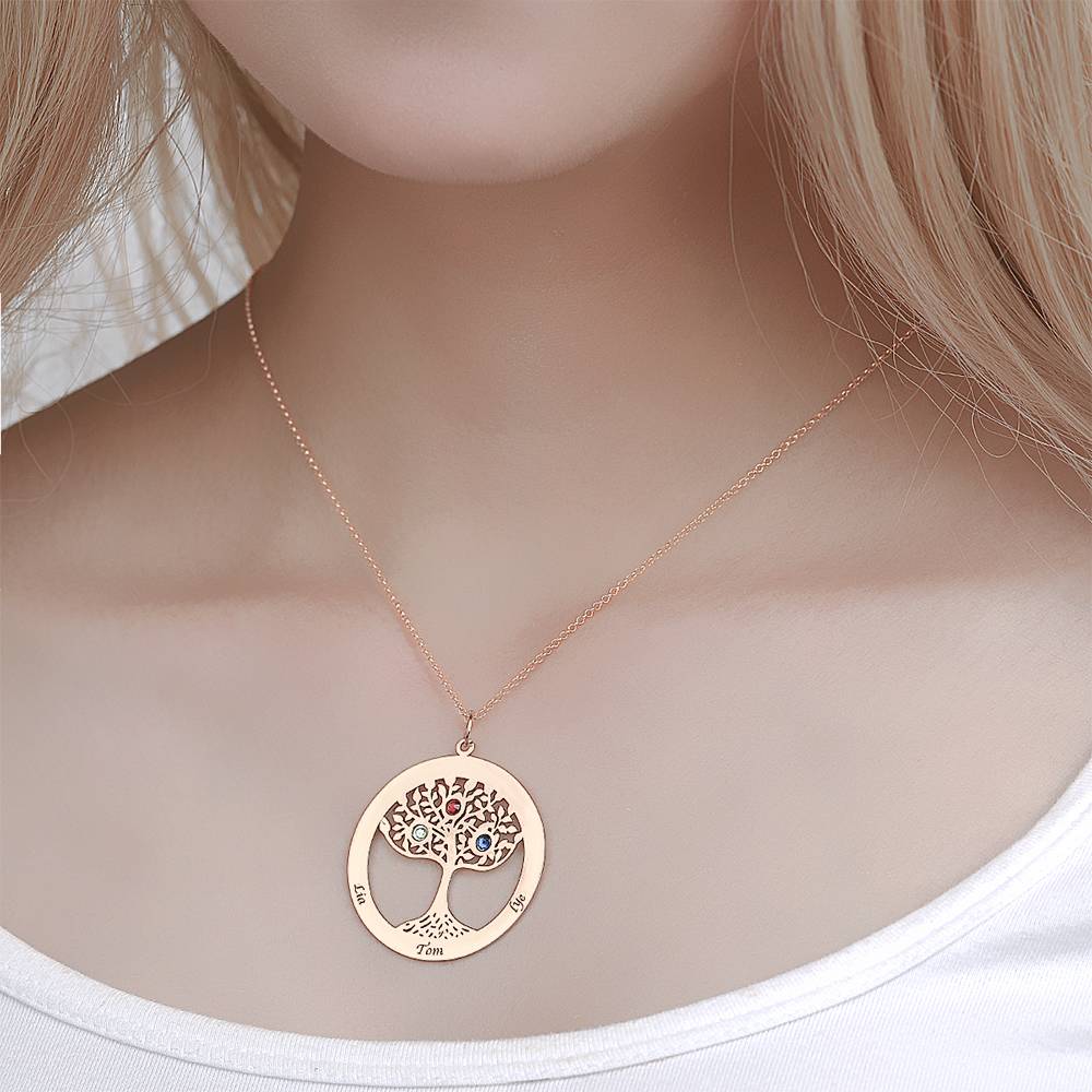 Personalized Family Tree Necklace Engraved Name Birthstone Necklace S925 Silver-Blongser