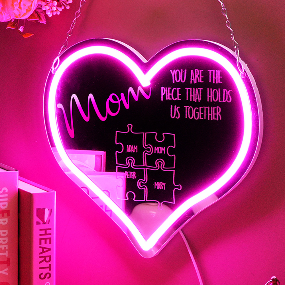 Personalized Mom You Are the Piece That Holds Us Together Neon Mirror Light Puzzle Piece Sign Mother's Day Gifts-Blongser