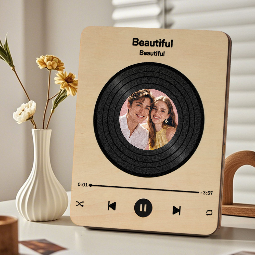 Personalized Photo Wooden Music Record Player Wedding Anniversary Gift for Couples-Blongser