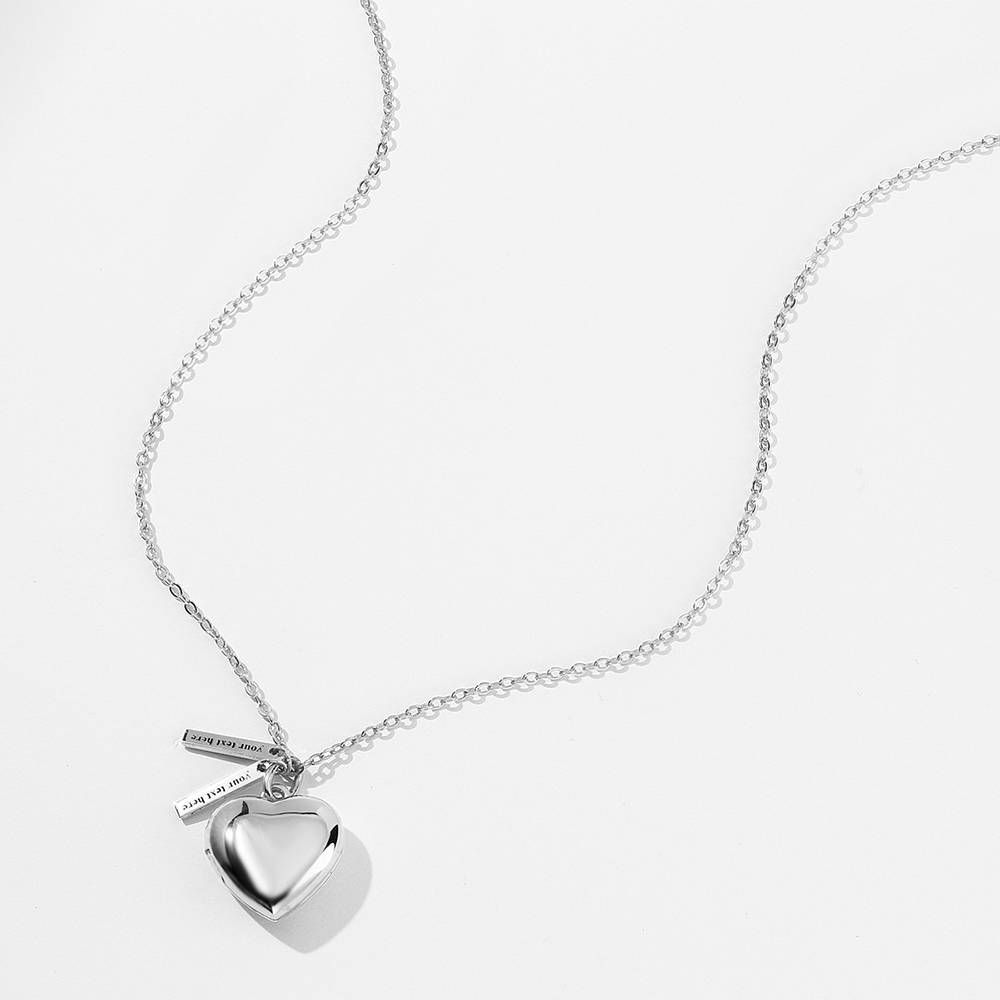 Custom Heart Photo Locket Necklace with Two Engraved Bars-Blongser